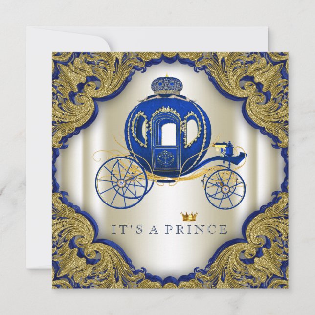 Invitación Chorro de bebé príncipe azul real y oro (Anverso)