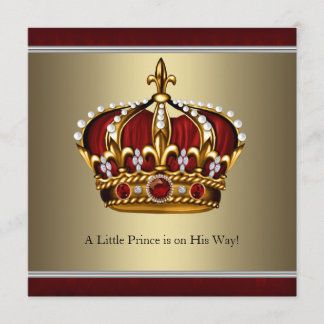 Invitación Chorro de Bebé Príncipe Corona de Oro Rojo