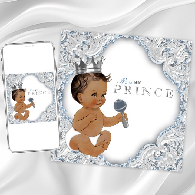 Invitación Chorro de bebé príncipe étnico azul y plata (Baby blue and silver baby shower invitation. Instant download and printed invitations available.)