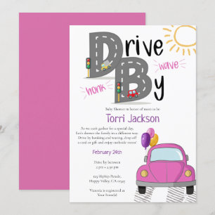 Invitación Chorro de bebé shower coche rosa para niña