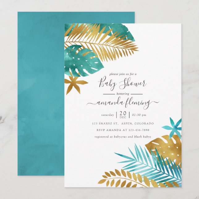 Invitación Chorro de Bebé Tropical en Turquesa y Dorado (Anverso / Reverso)