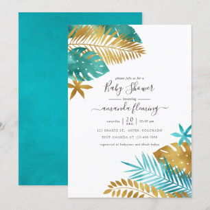 Invitación Chorro de Bebé Tropical en Turquesa y Dorado