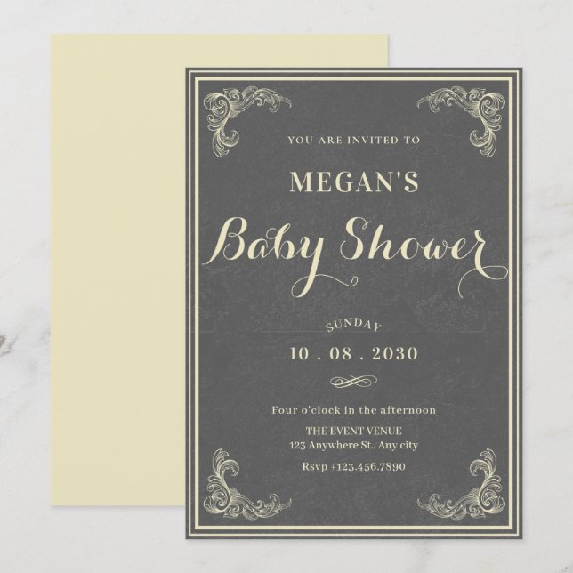 Invitación Chorro de bebé vintage elegante gris (Anverso / Reverso)