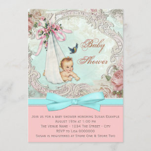 Invitación Chorro de bebé vintage rosa y azul teal