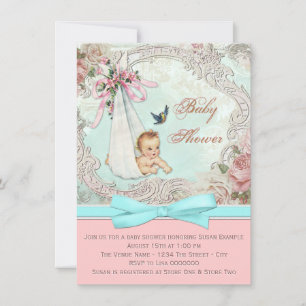 Invitación Chorro de bebé vintage rosa y azul teal