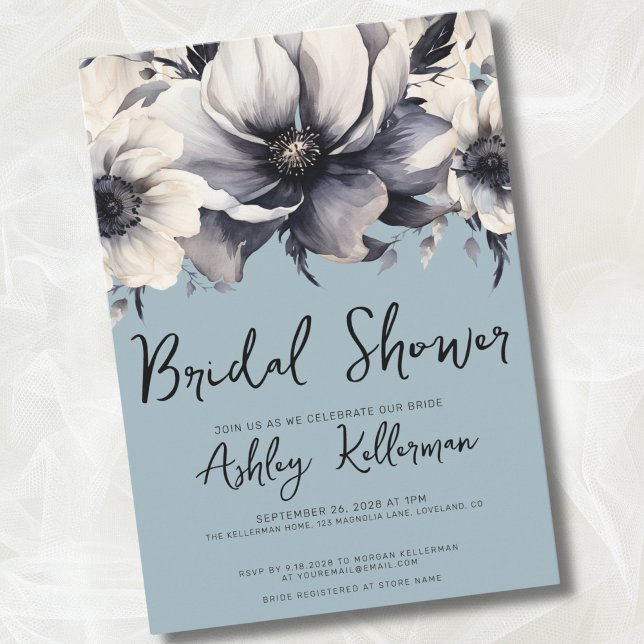 Invitación Chorro de Boda Azul Polvoriento (Elegant Watercolor Floral Light Blue Bridal Shower Invitation)