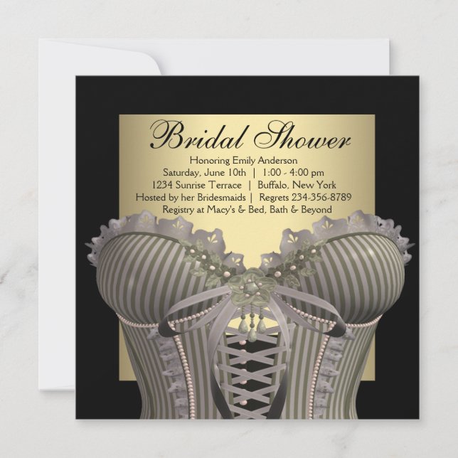 Invitación Chorro de Boda Corsé de Oro Negro (Anverso)