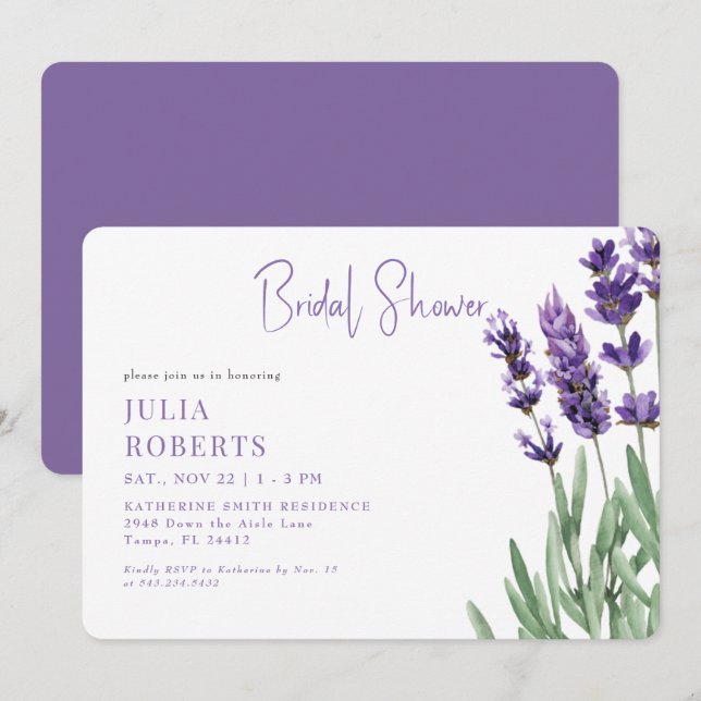 Invitación Chorro de boda de lavanda con acuarela (Anverso / Reverso)