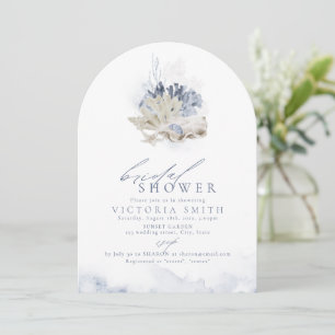 Invitación Chorro de boda de tema playa con coral azul y conc