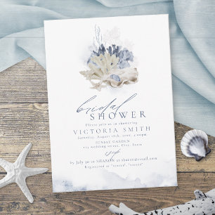 Invitación Chorro de boda de tema playa coral azul y conchas