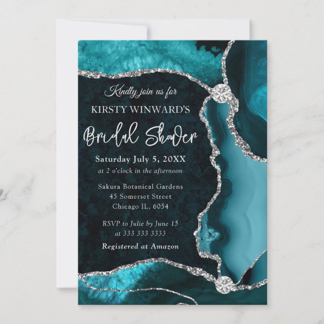 Invitación Chorro de Boda Falso de Ágata Plateado y Verde Acu (Anverso)