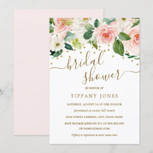 Invitación Chorro de Boda Floral Acuarela Rosa Dorado