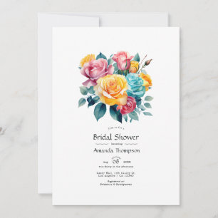 Invitación Chorro de Boda Floral Turquesa, Amarillo y Rosa