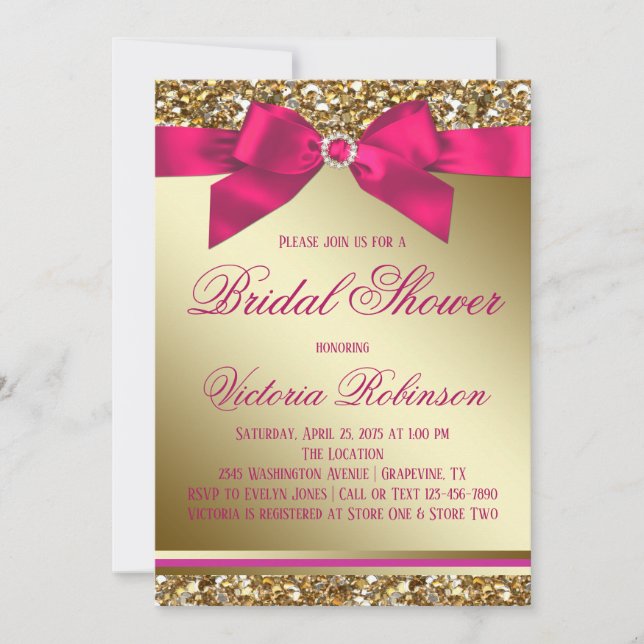 Invitación Chorro de Boda Rosa Fucsia Dorado (Anverso)
