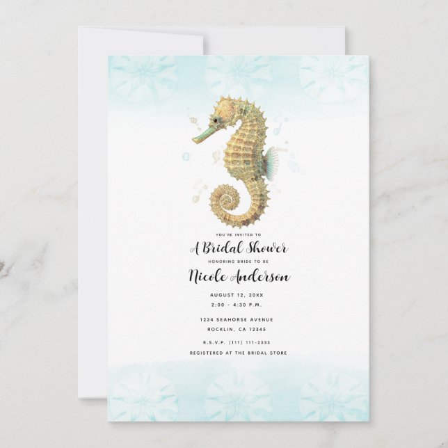Invitación Chorro de Caballito de Mar Turquesa y Dorado Brida (Anverso)