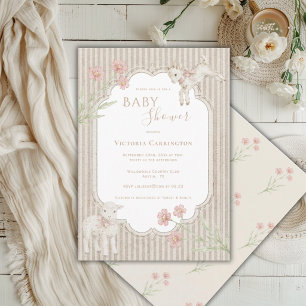 Invitación Chorro de Cordero Floral Vintage Baby Shower