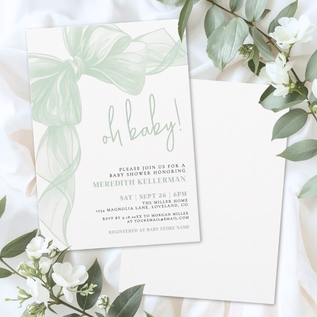 Invitación Chorro de Cumpleaños de Bebé con Lazo Verde Salvia (Sage Green Bow Baby Shower Invitation)