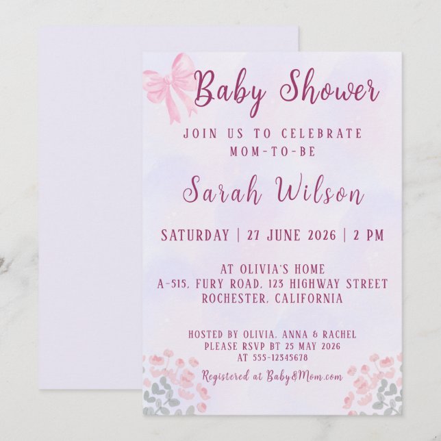 Invitación Chorro de Cumpleaños Floral de lazo Rosa Pastel (Anverso / Reverso)