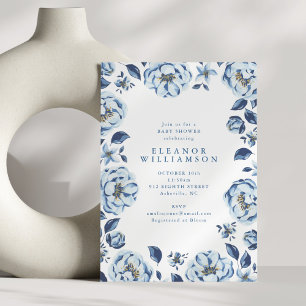 Invitación Chorro De Flores Azules Elegantes Baby Shower