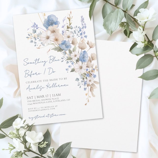 Invitación Chorro de Flores Silvestres Azules para Despedida  (Wildflower Blue Floral Bridal Shower Invitation)