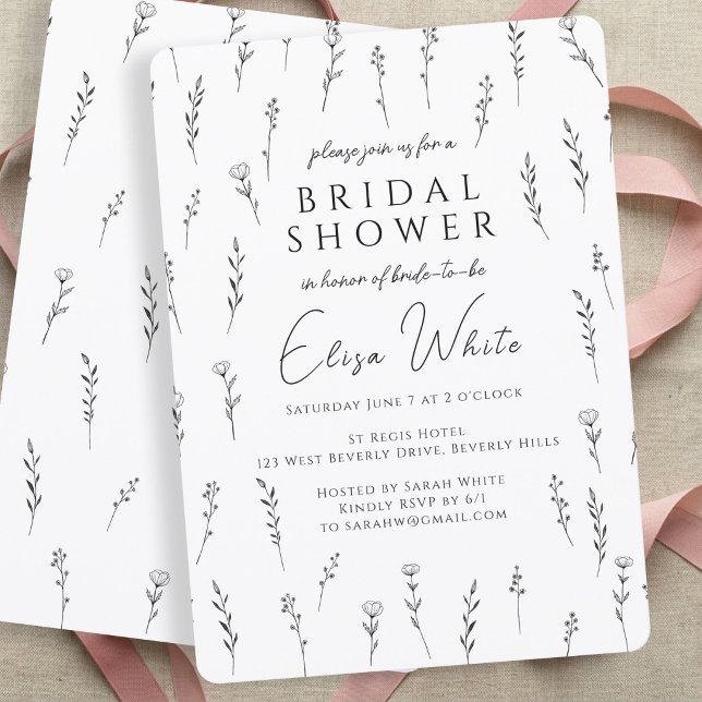 Invitación Chorro de Flores Silvestres Delicadas para Despedi (Delicate Scattered Wildflowers Bridal Shower Black and White Invitation
)