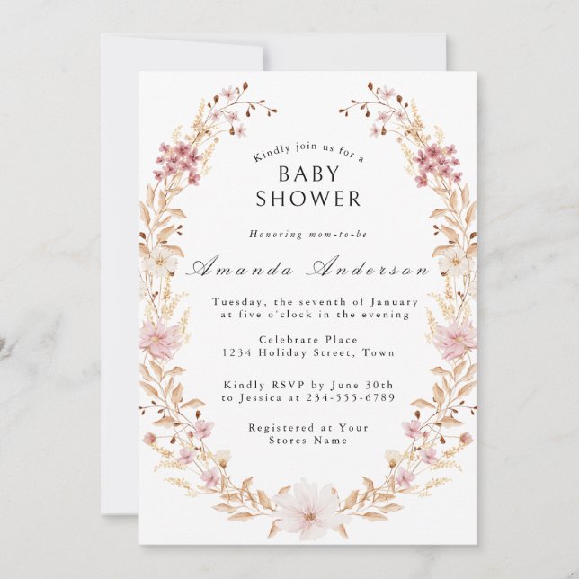 Invitación Chorro de Flores Silvestres Elegantes para Baby Sh (Anverso)
