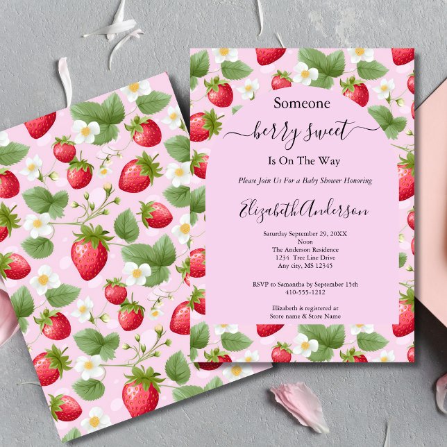 Invitación Chorro de Fresa Dulce Rosa Rojo Blanco Baby Shower (Strawberry Pink Berry Sweet Baby Girl Baby Shower invitation. Printed or Digital Download)