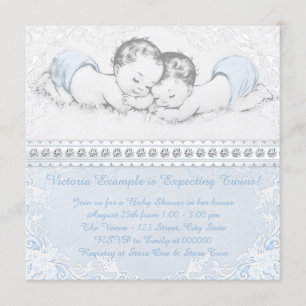 Invitación Chorro de gemelos niño azul elegante
