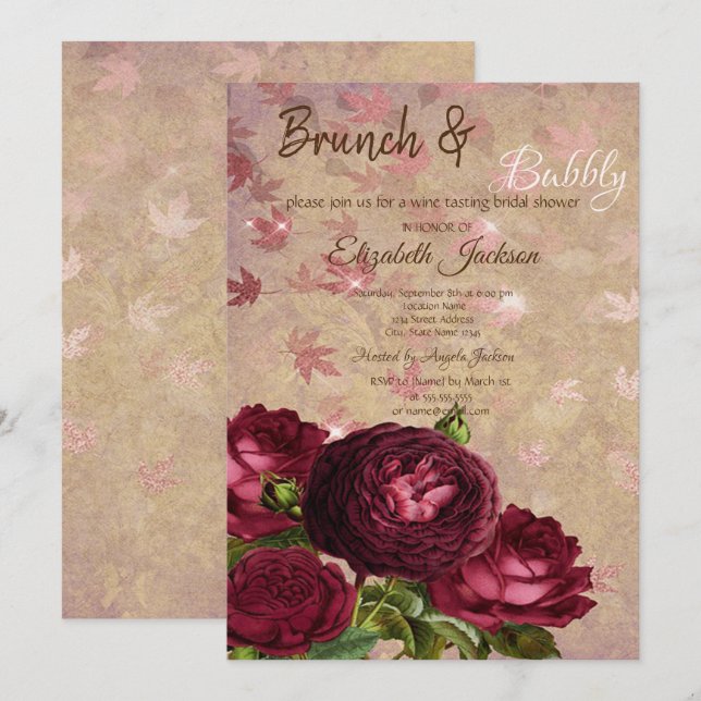 Invitación Chorro de Hojas de Rosas Rojas Elegantes para Desp (Anverso / Reverso)