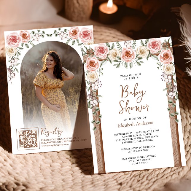 Invitación Chorro de Madera Boho Floral Dosel Baby Shower (Subido por el creador)