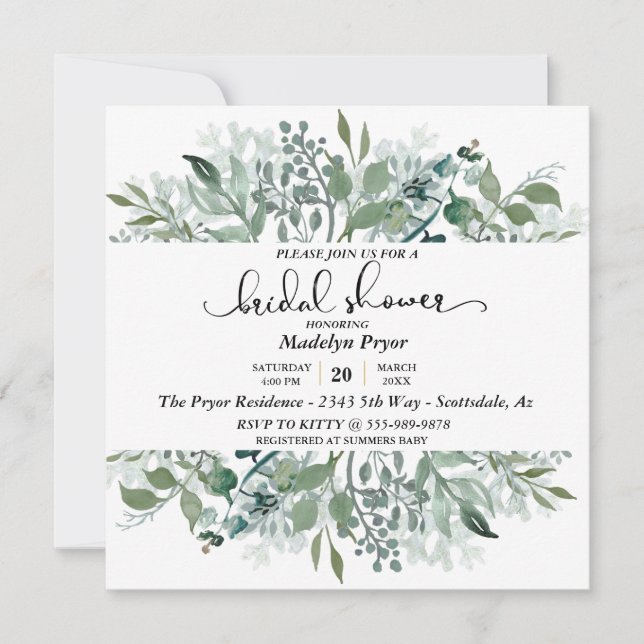 Invitación Chorro de Novia Acuarela Verde Botánico (Anverso)