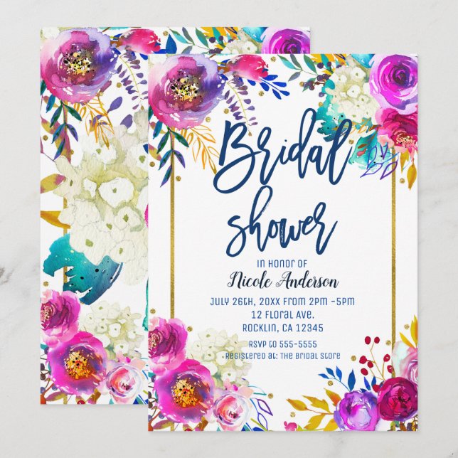 Invitación Chorro de Novia Azul Script Bold Floral Acuarela (Anverso / Reverso)