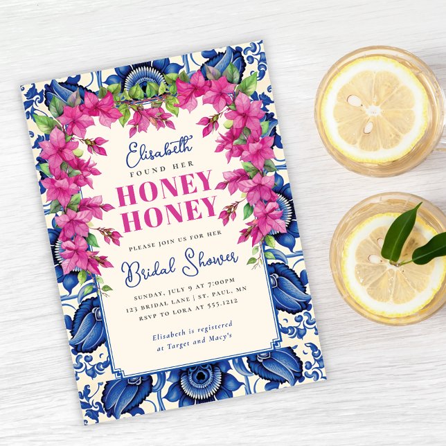 Invitación Chorro de Novia con Baldosas Azules y Buganvilla R (Pink Bougainvillea Blue Tile Bridal Shower Invitation)