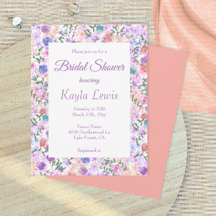 Invitación Chorro de Novia con Rosas Moradas, Durazno y Azul 