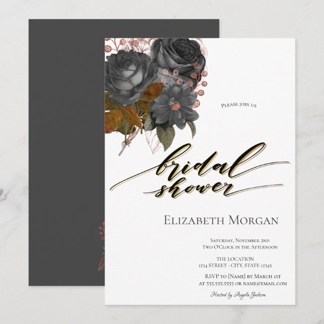 Invitación Chorro de Novia de Flores Negras Elegantes (Anverso / Reverso)