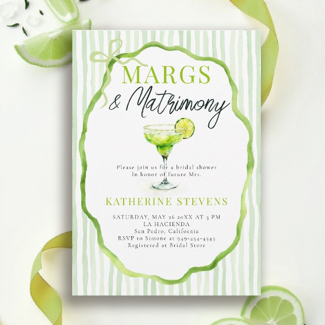 Invitación Chorro de Novia de Margs Matrimonio Bistro Bow Mar (margs and matrimony bridal shower invitation design modern watercolor calligraphy stripes bow)