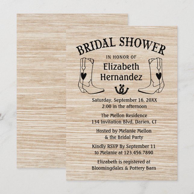 Invitación Chorro de novia occidental bota madera de campo (Anverso / Reverso)