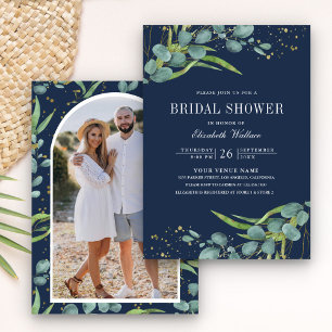 Invitación Chorro de Novia Rústico de Eucalipto Foto Azul Mar
