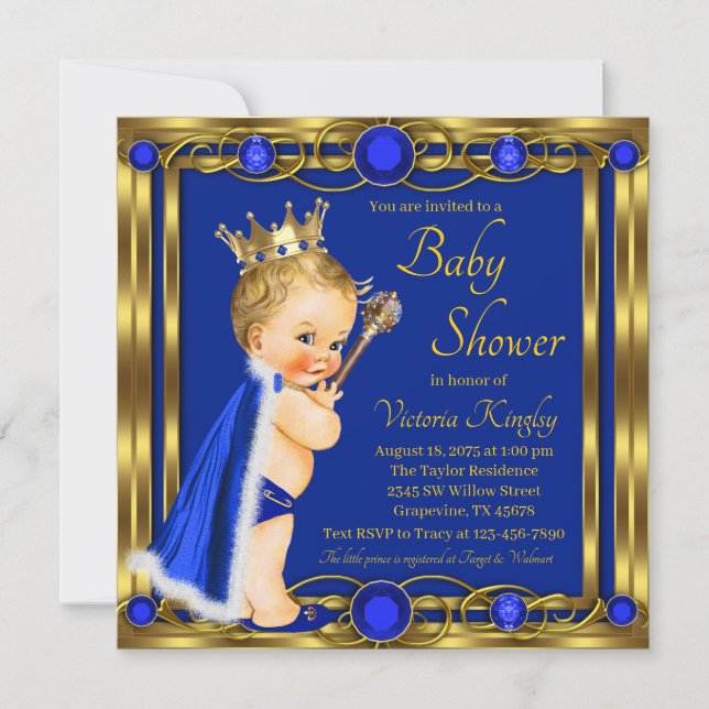 Invitación Chorro de Oro Azul Real Baby Shower del Príncipe (Anverso)