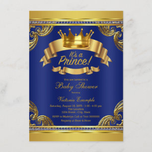 Invitación Chorro de Oro Corona Real Azul Príncipe Baby Showe