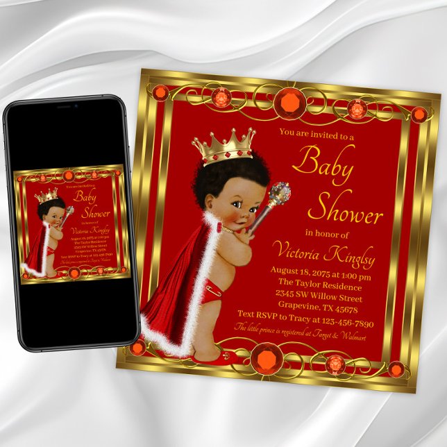Invitación Chorro de Oro Fiesta de Bebé del Príncipe Afro (Red gold prince baby shower invitation. Instant download and printed invitations available. )