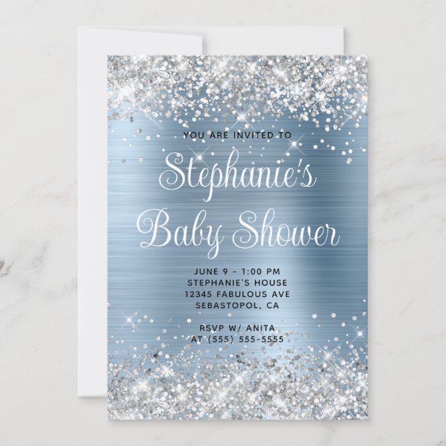 Invitación Chorro de Plata Baby Shower Azul Claro (Anverso)