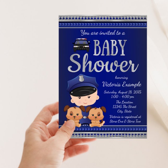 Invitación Chorro de Policía para Bebé (Cute blue and silver police and canine puppies baby shower invitation. Simply add your event details)
