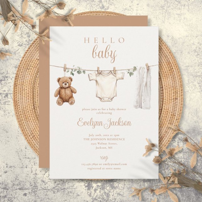 Invitación Chorro de ropa en acuarela Baby Shower Neutral (Watercolor Clothesline Neutral Baby Shower Invitation)