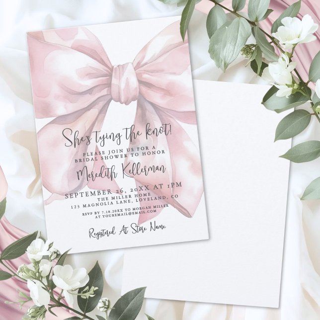 Invitación Chorro de Rosa Elegante para Fiesta de Despedida d (Elegant Blush Pink Bow Bridal Shower Invitation )