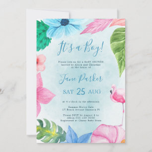 Invitación Chorro floral acuarela azul baby shower niño