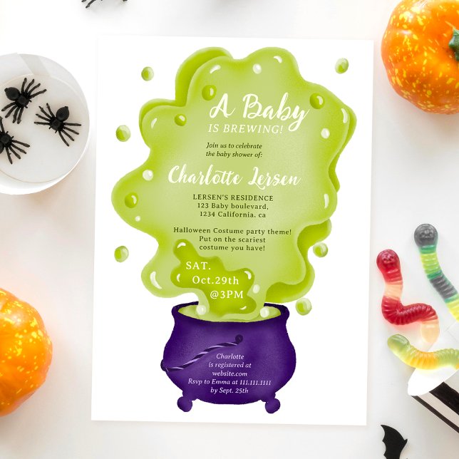 Invitación Chorro morado de calderón verde halloween ducha (Cute purple caldron green halloween baby shower invitation)