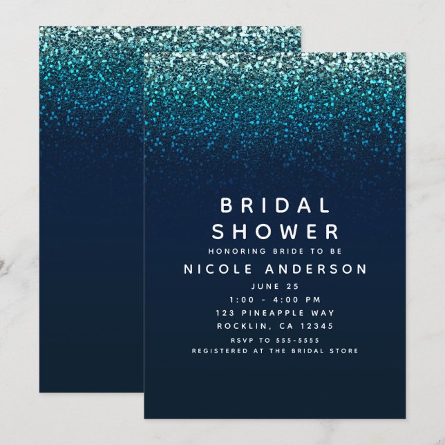 Invitación Chorro Nupcial Azul Acuático Marina Brillo Destell (Anverso / Reverso)