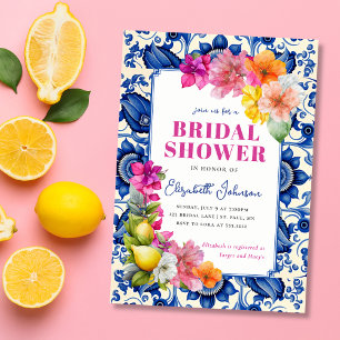 Invitación Chorro Nupcial de Azulejo Azul Floral de Cítricos