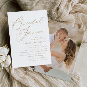 Invitación Chorro Nupcial De Foto Con Letra Dorada Moderna Y 